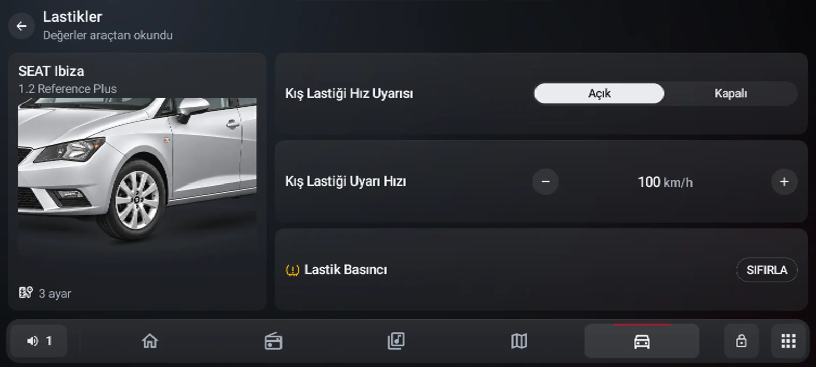 Kış lastiği uyarısı, uyarı hızı ve lastik basıncı sıfırlama