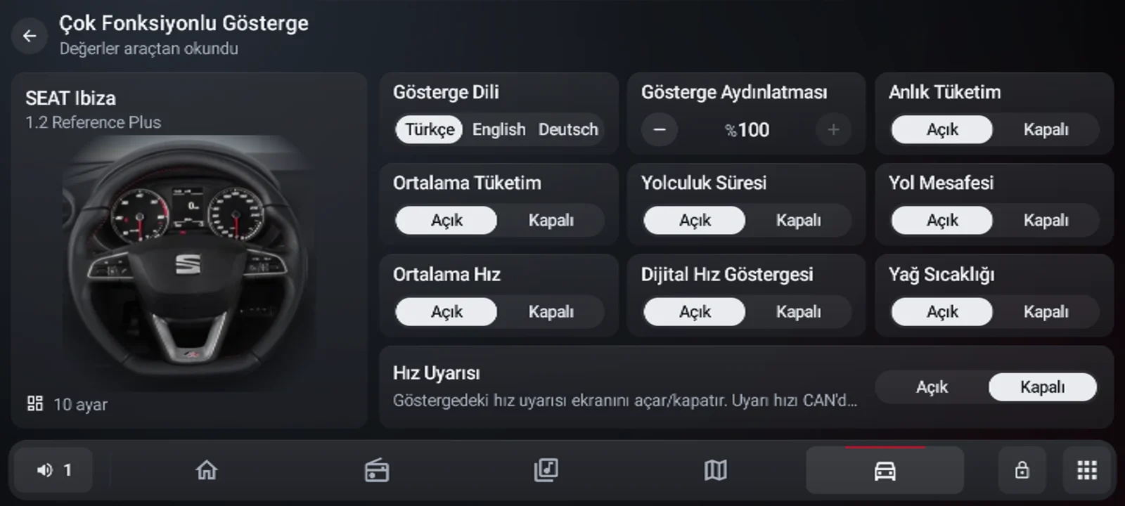 Çok fonksiyonlu gösterge: dil, aydınlatma ve göstergede görünecek bilgiler