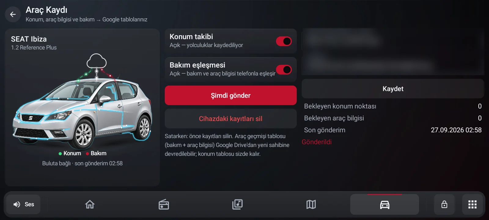 Araç Kaydı ekranı: sürücü tarafında anahtarlar ve düğmeler, sağda bağlantı bilgileri (blog için gizlendi) ve kuyruk durumu.