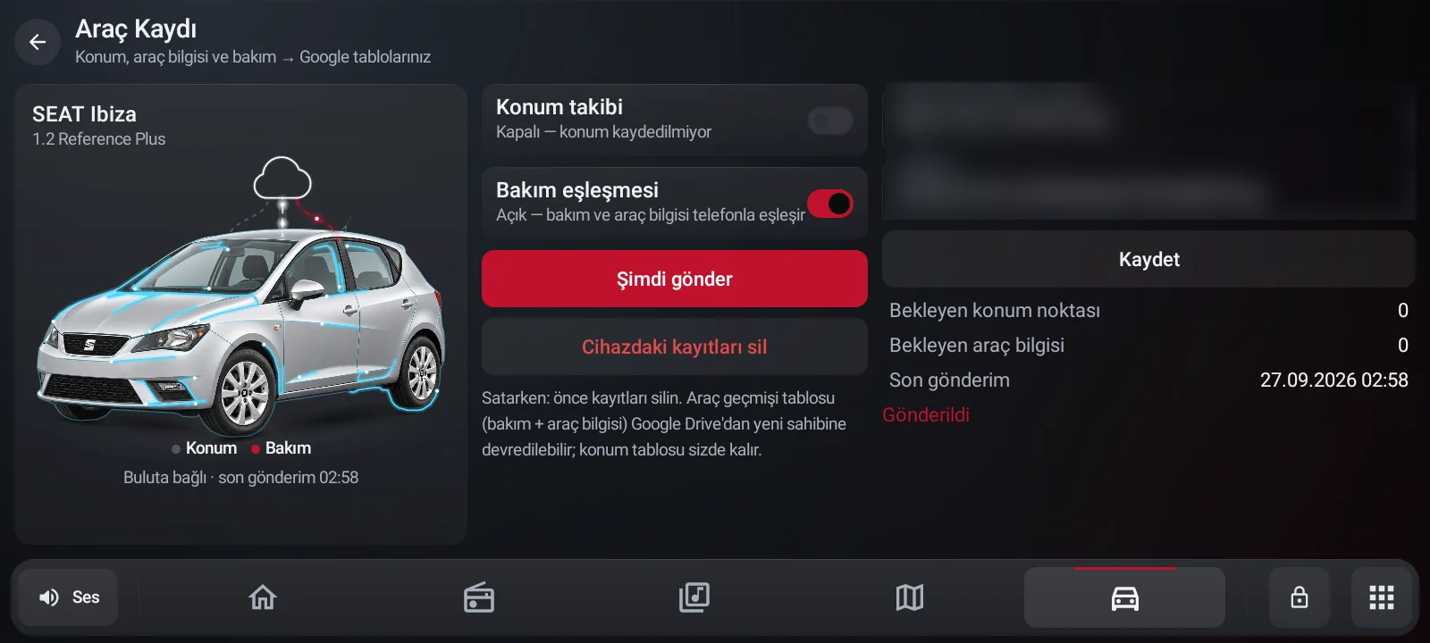 Konum takibi kapatılınca yeşil akış griye dönüyor; bakım eşleşmesi çalışmaya devam ediyor.