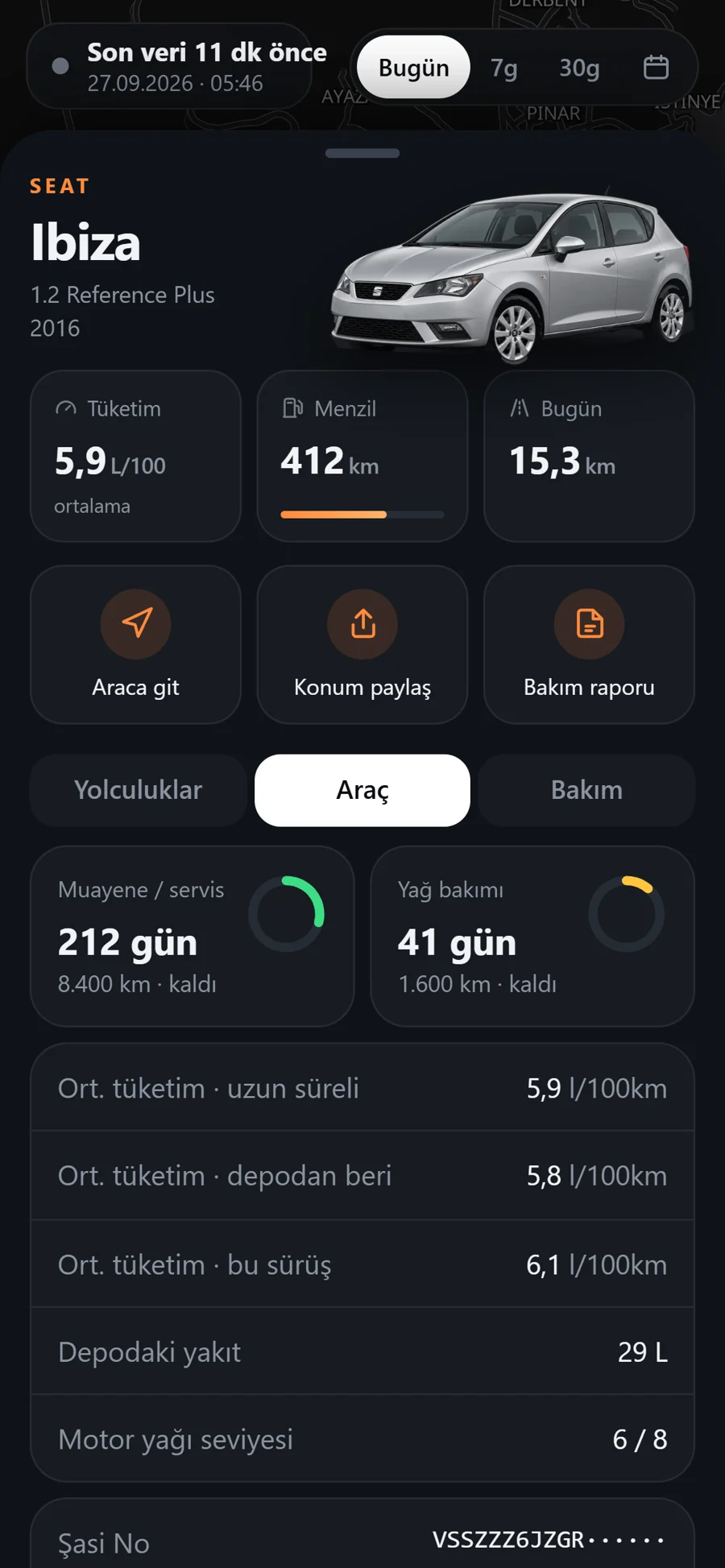 Araç bilgileri: muayene ve yağ bakımına kalan süre, ortalama tüketimler, depo, şasi numarası.