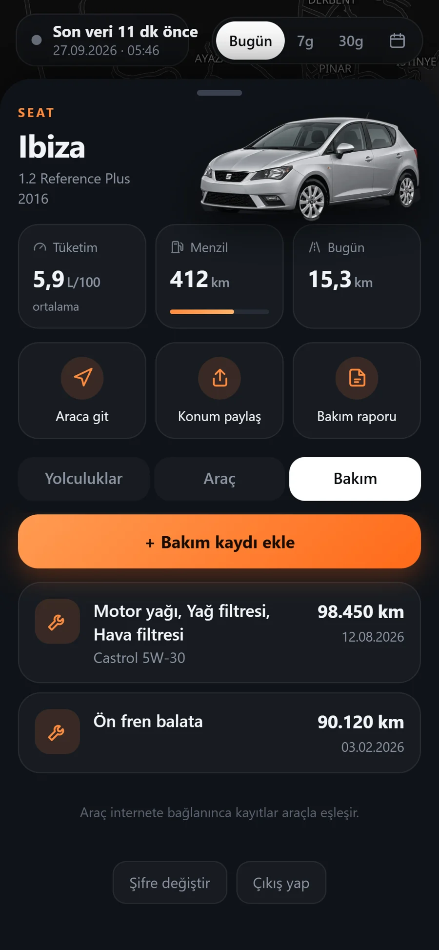 Bakım geçmişi. Telefondan eklenen kayıt arabaya, arabada eklenen telefona geçiyor; silinenler de iki tarafta siliniyor.