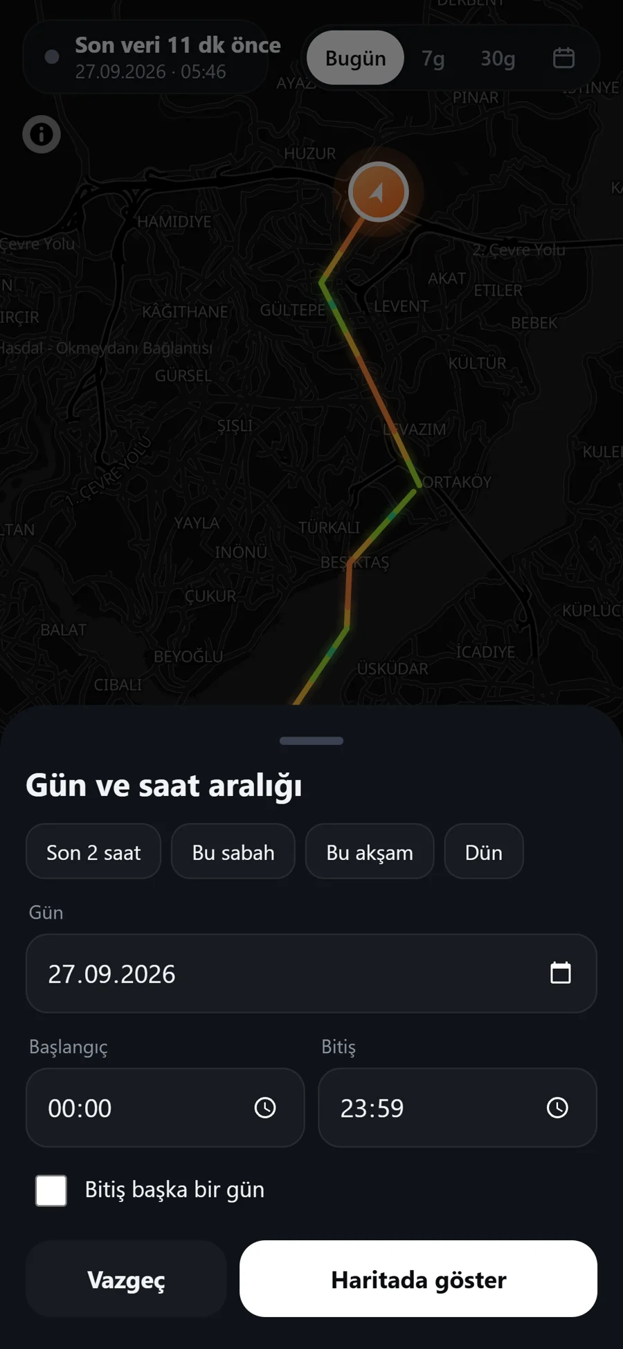 Belirli bir gün ve saat aralığını haritada görmek için seçici.