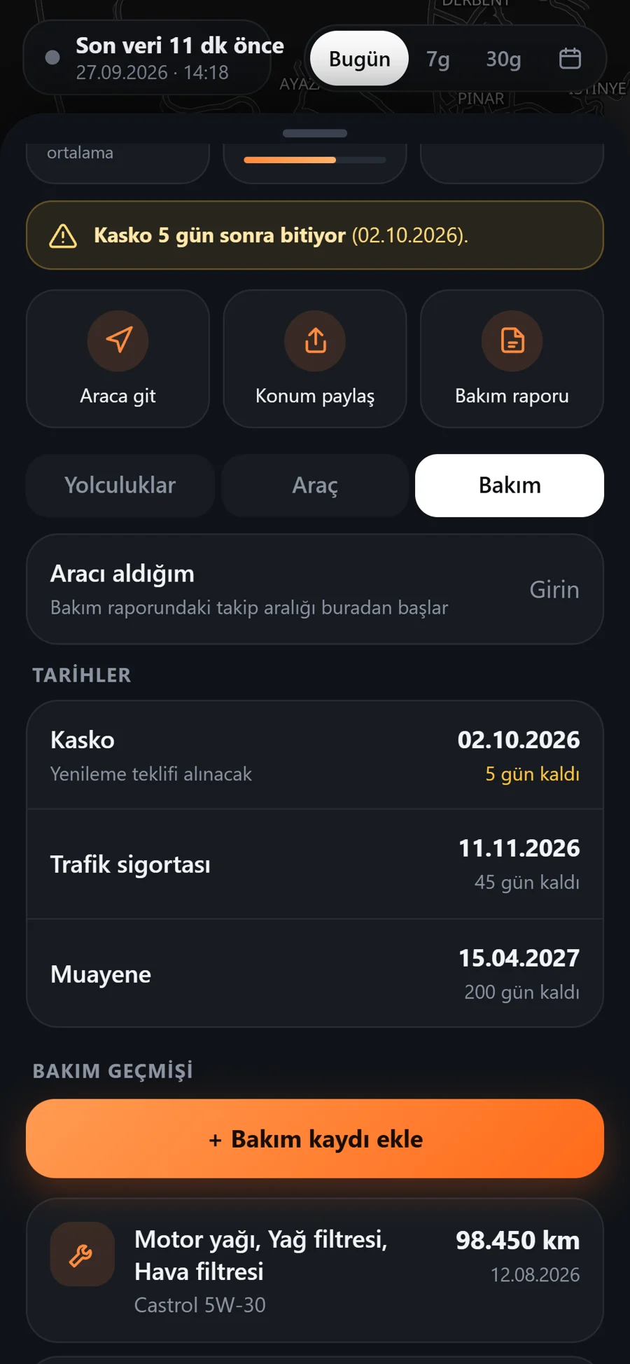 Bakım sekmesindeki tarihler: kalan gün sayısıyla, yaklaşan tarih sarı